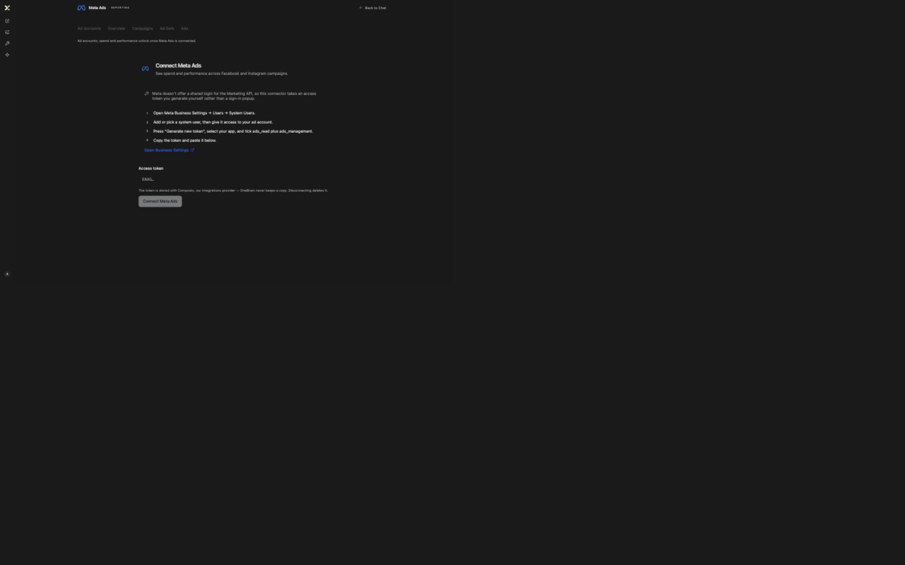Actual OneBrain Meta Ads Agent app interface